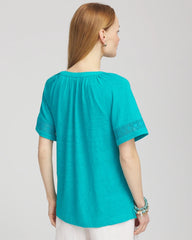 Linen Lace-Cutwork Sleeve Henley Tee