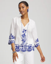 Embroidered Tassel Tie-Front Blouse
