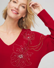Floral Embellished Dolman V-Neck Pullover