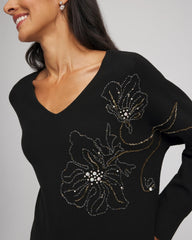 Floral Embellished Dolman V-Neck Pullover