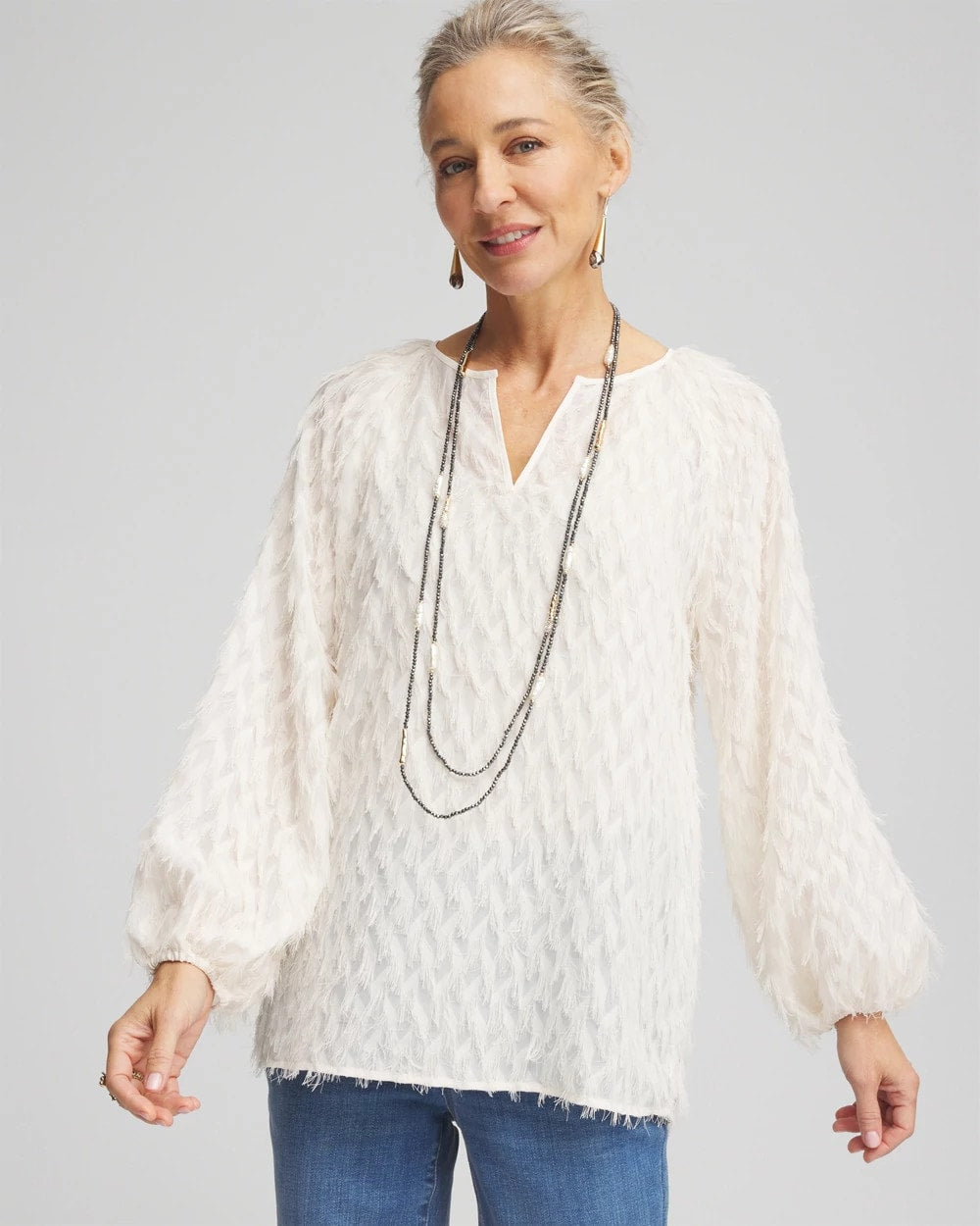Feathered Pullover Peasant Blouse