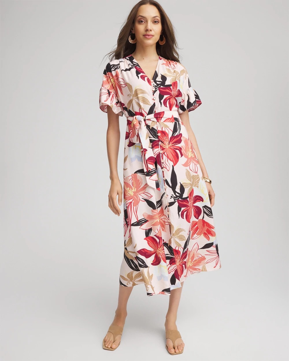 Tonal Floral Ruffle-Sleeved Midi Dress