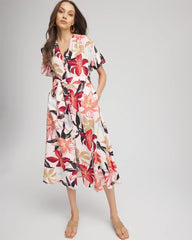 Tonal Floral Ruffle-Sleeved Midi Dress