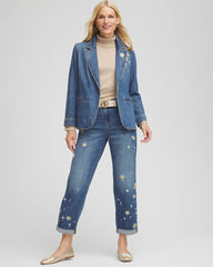 Pearl Brooch Denim Blazer