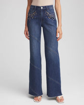 Petite Embellished Frayed Flared-Leg Jeans