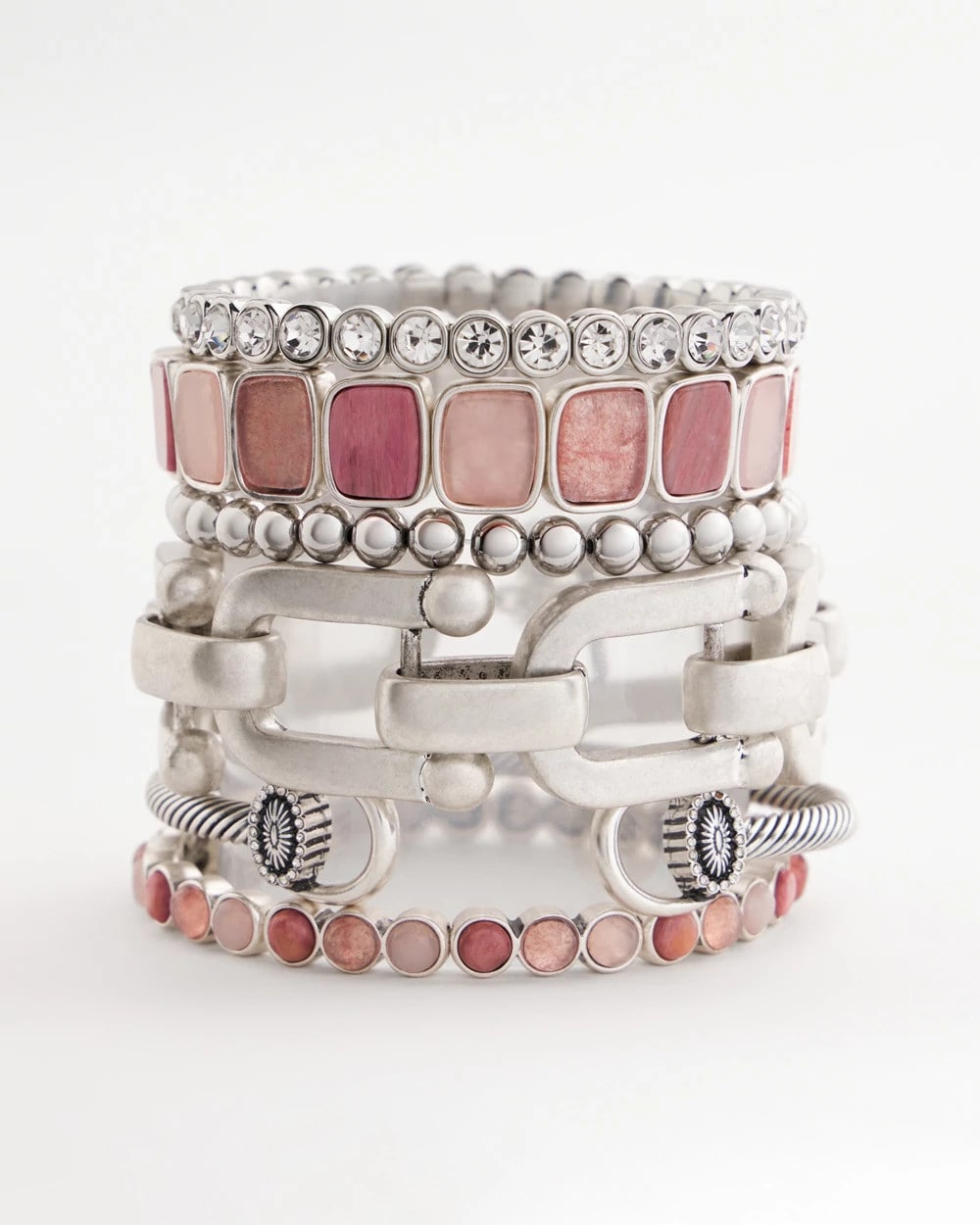 Quartz & Rhodonite Stone Silvertone Round Stretch