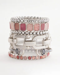 Quartz & Rhodonite Stone Silvertone Round Stretch