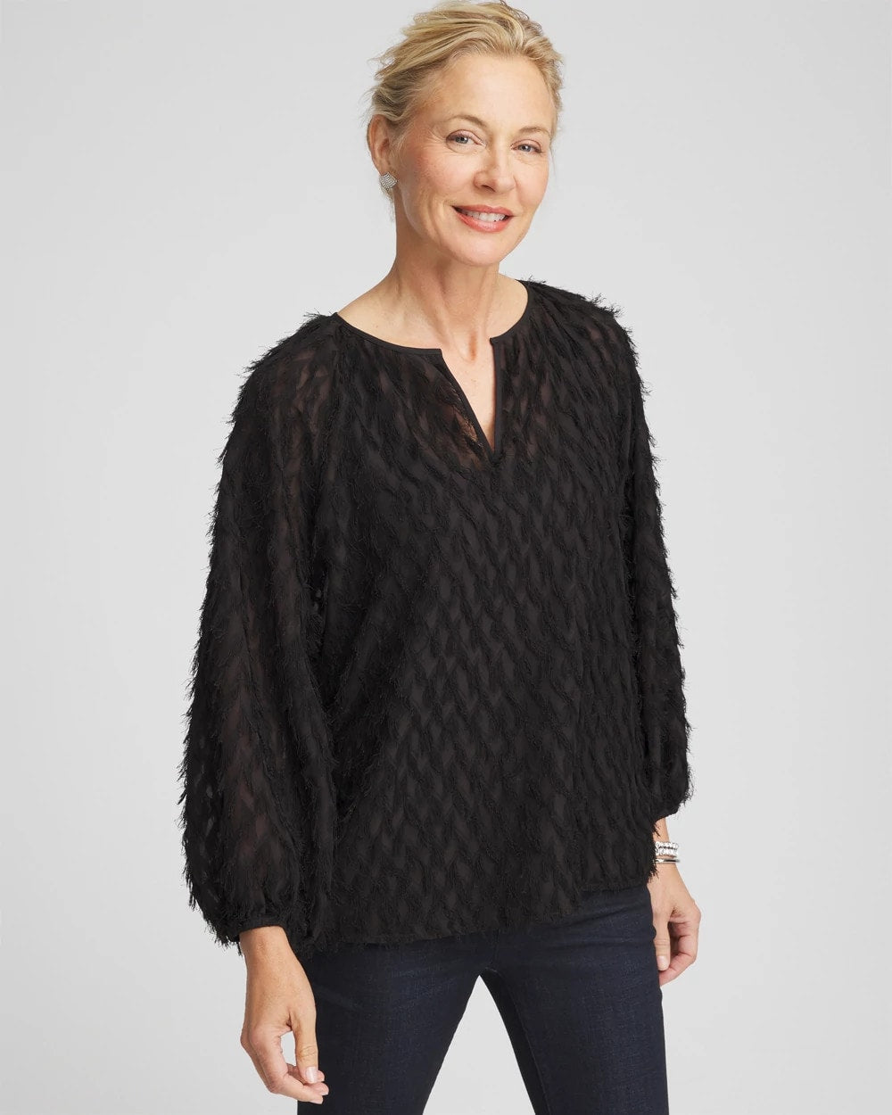 Feathered Pullover Peasant Blouse