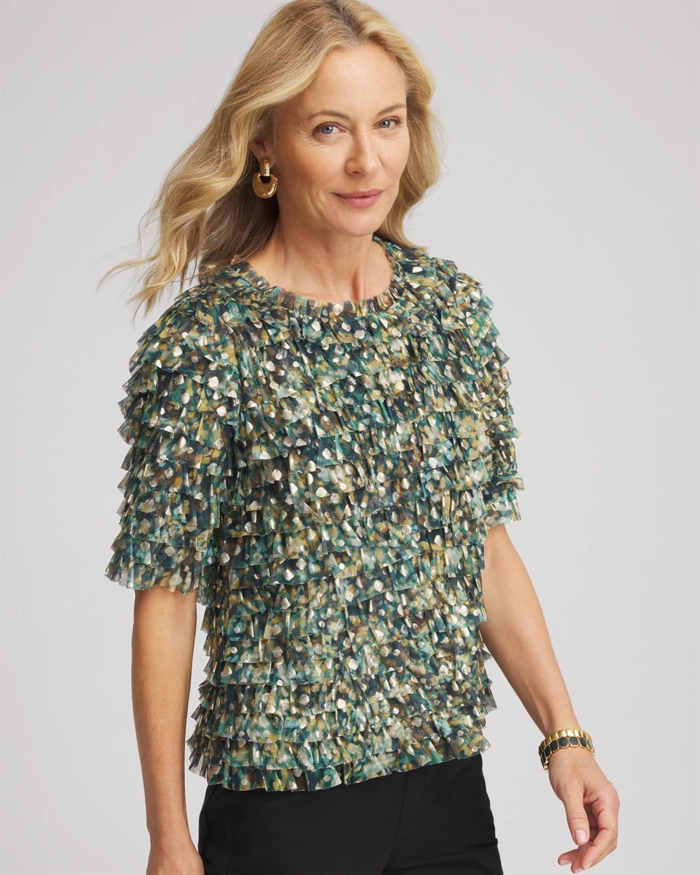 Foiled Mesh Ruffle Crop Tee