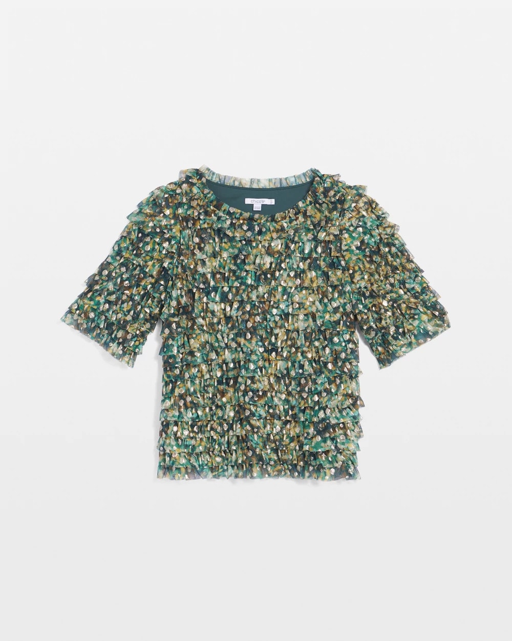 Foiled Mesh Ruffle Crop Tee