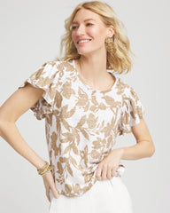 Linen Leaf Print Flutter Sleeve Tee