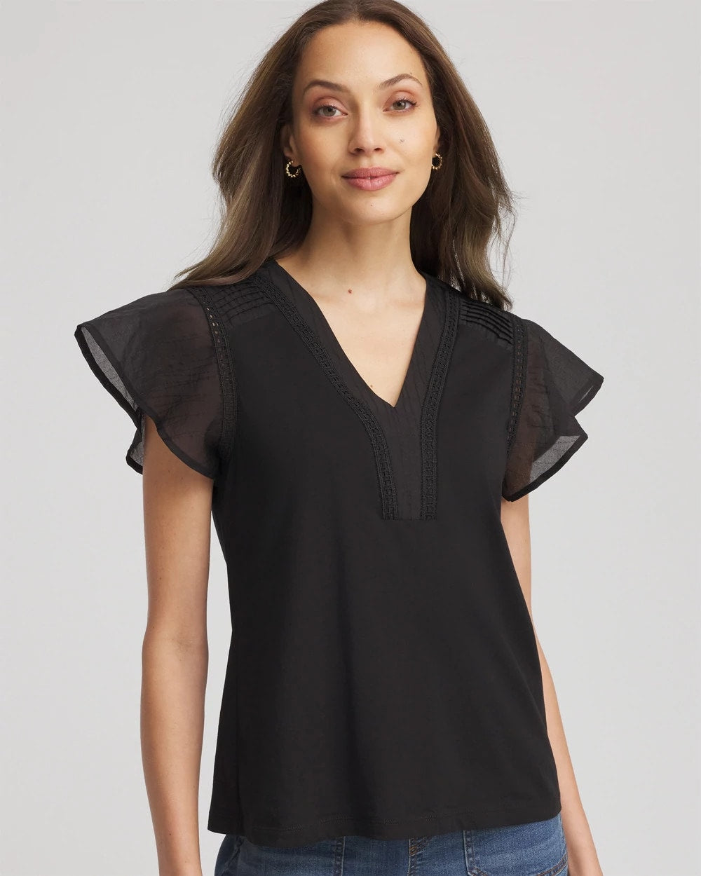 Pleated-Trim Flutter-Sleeve Tee
