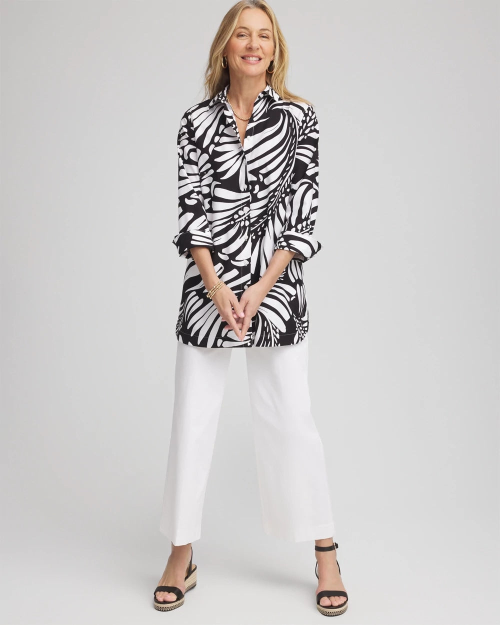No Iron™ Printed Palms Button Down Tunic