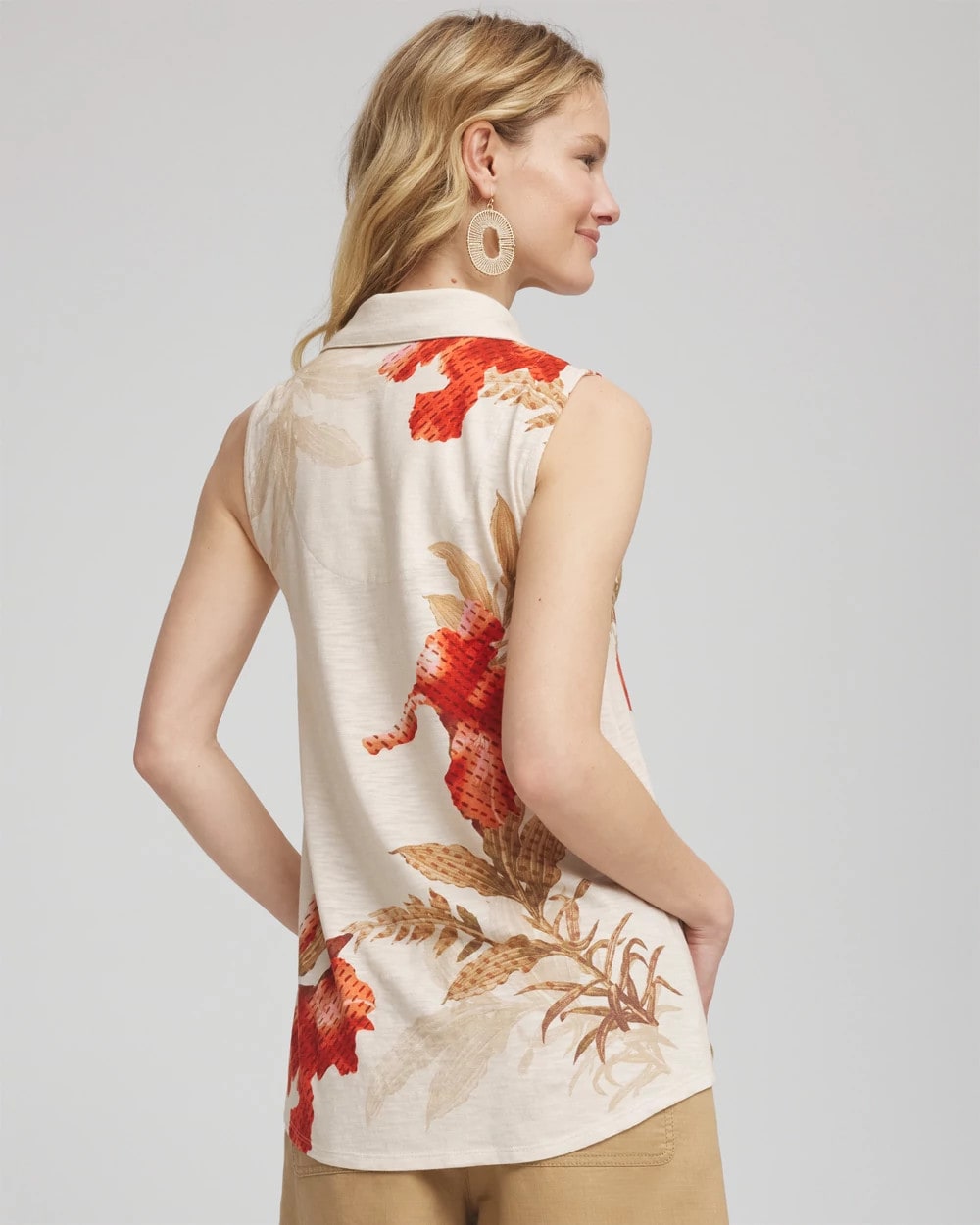 Floral Slub Sleeveless Collared Tunic
