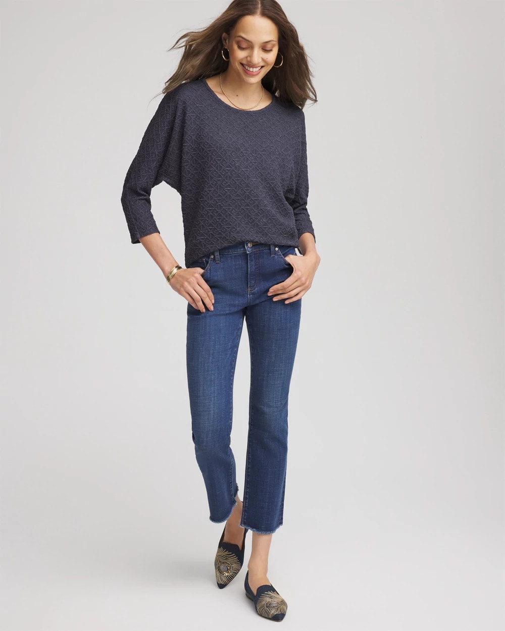Textured Denim-Motif Tapered-Hem Top