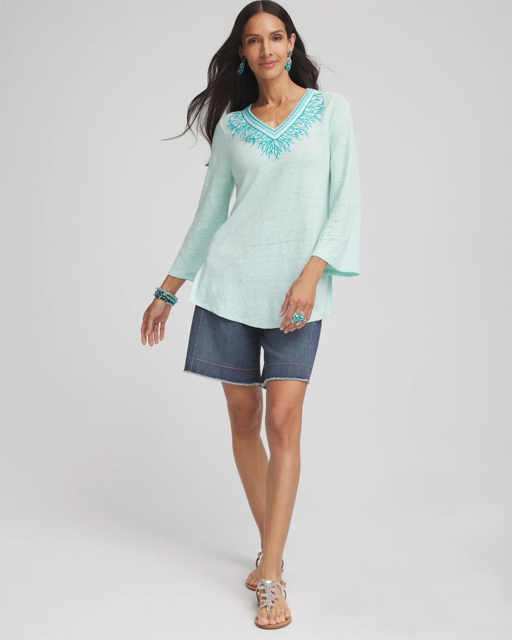 Linen Embroidered V-Neck Tunic
