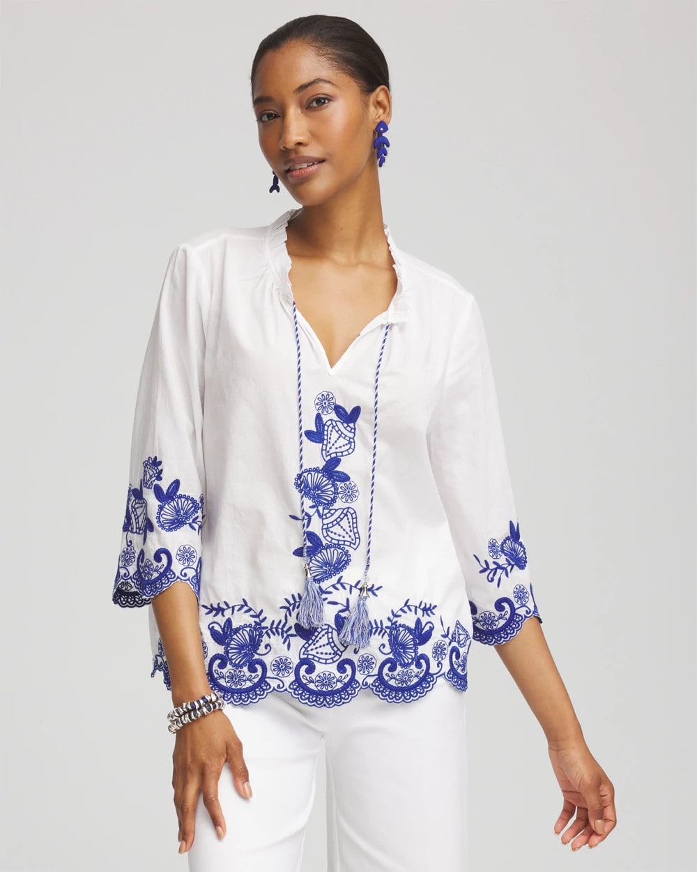 Embroidered Tassel Tie-Front Blouse