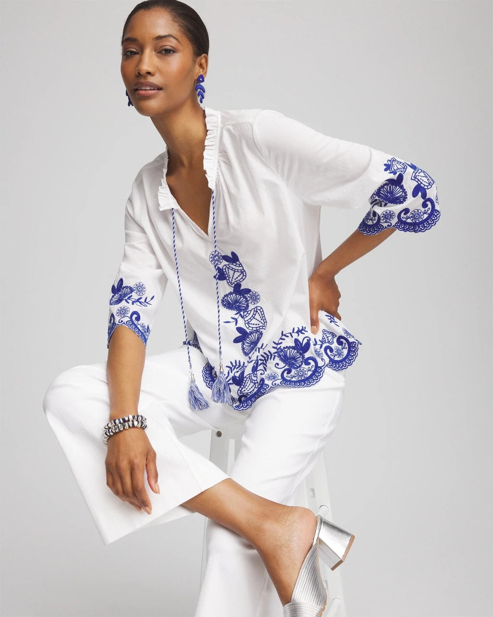 Embroidered Tassel Tie-Front Blouse