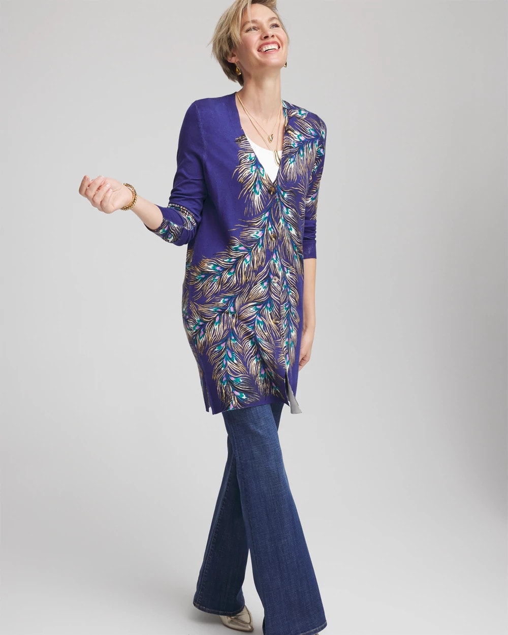 Ella Peacock-Print Cardigan Sweater