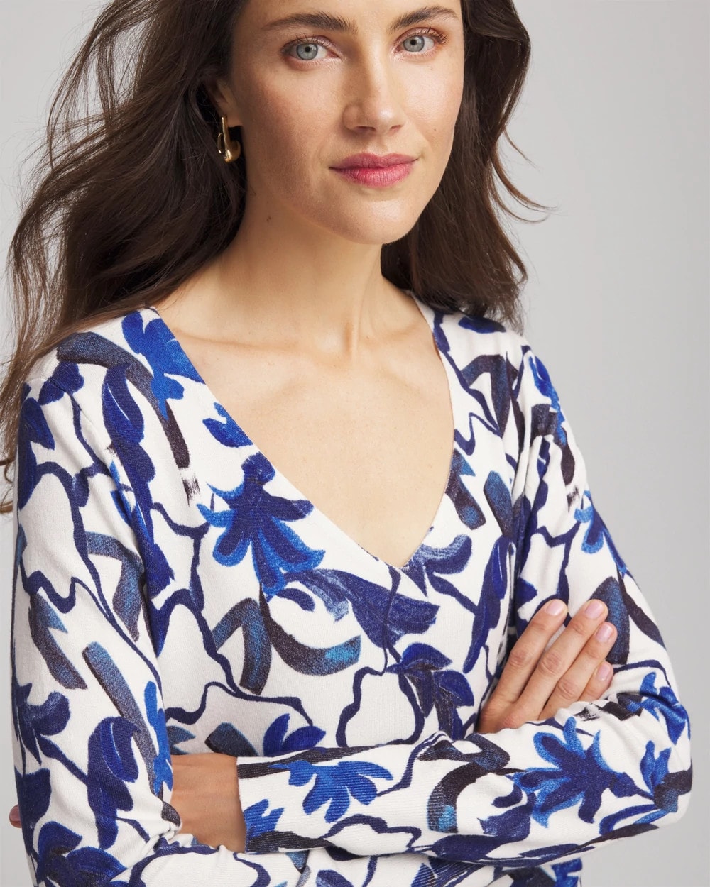 Ella V-Neck Blue-Petals Pullover Sweater