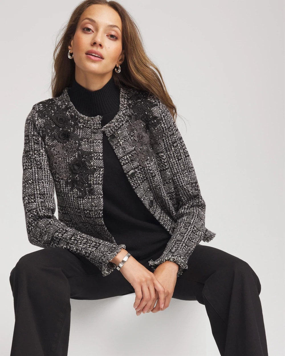 Embroidered Metallic Tweed Cardigan