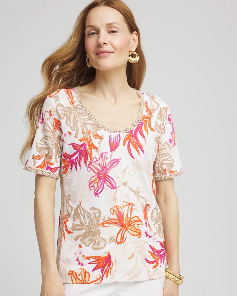 Floral Print Crochet-Trim Pullover Sweater