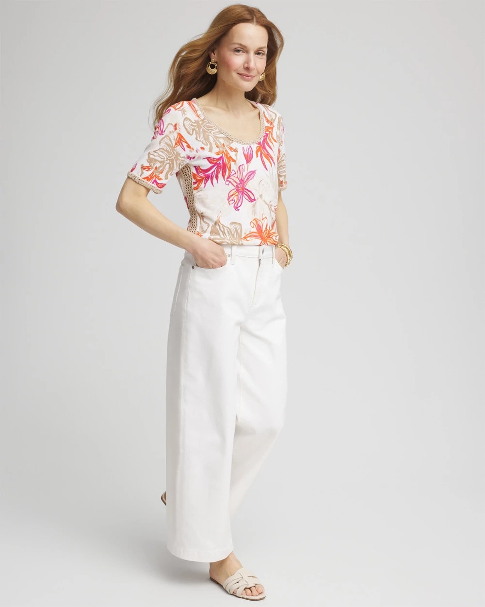 Floral Print Crochet-Trim Pullover Sweater
