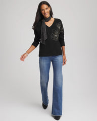 Floral Embellished Dolman V-Neck Pullover
