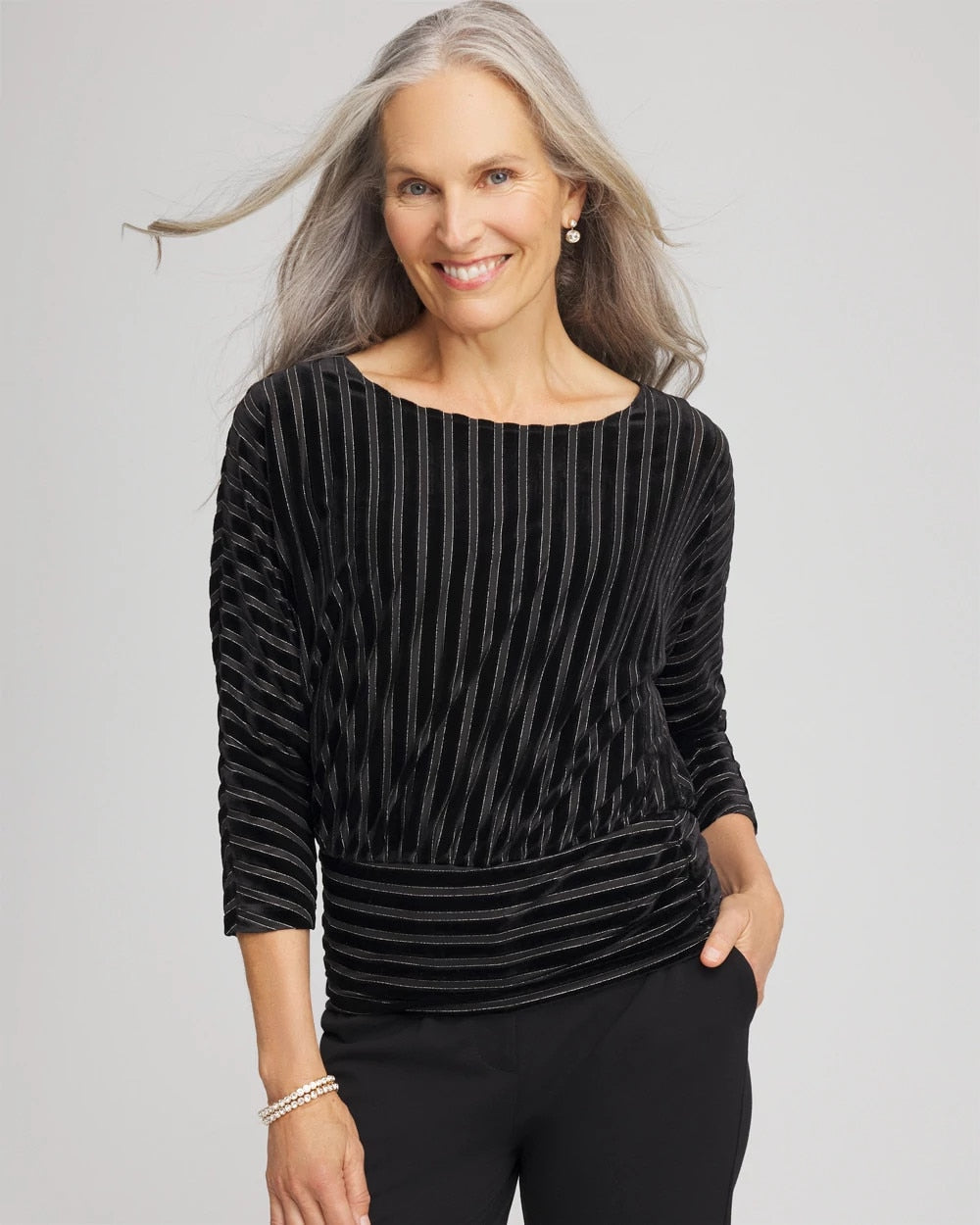 Velvet Burnout Stripe Banded-Bottom Top