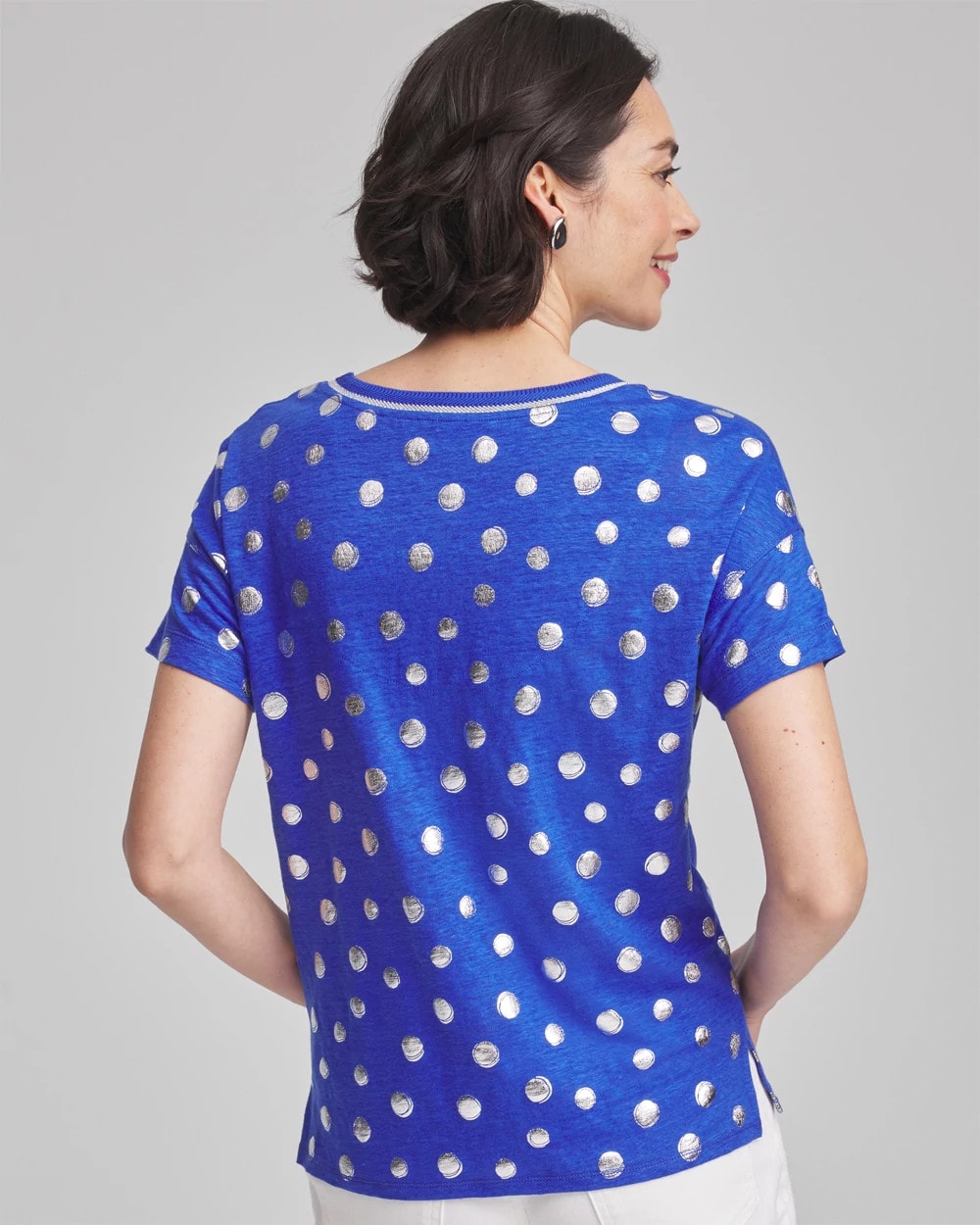 Foiled Polka-Dot Sweater-Trim Linen Tee