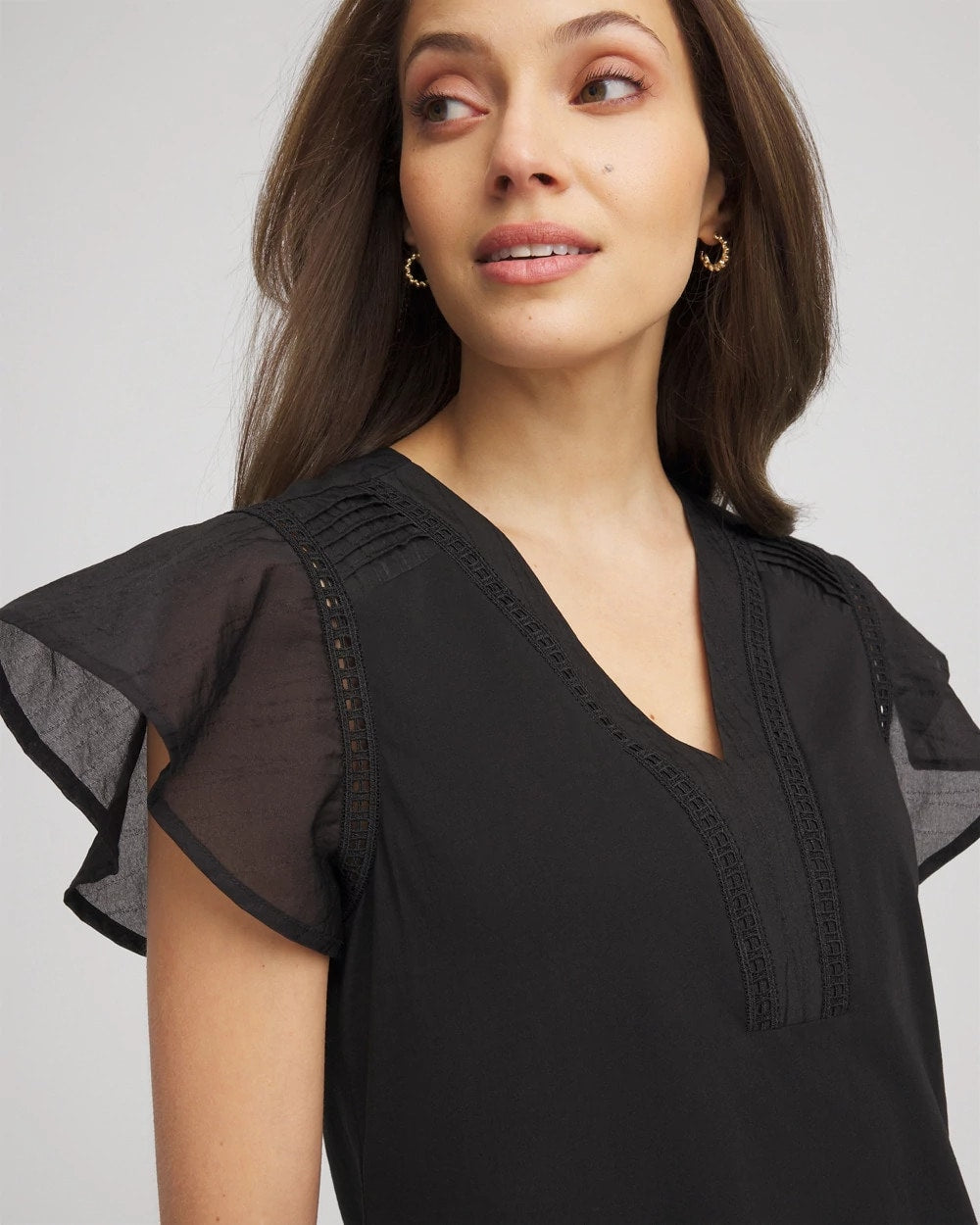 Pleated-Trim Flutter-Sleeve Tee