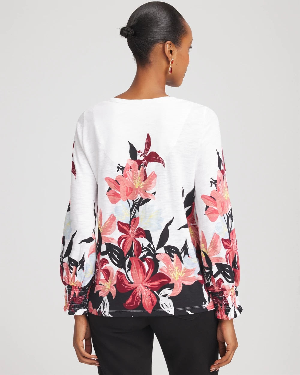 Floral-Motif Smocked Cotton-Slub Tee