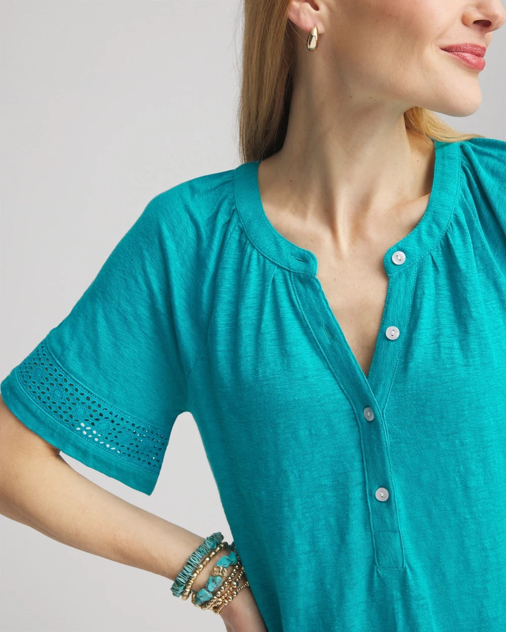 Linen Lace-Cutwork Sleeve Henley Tee