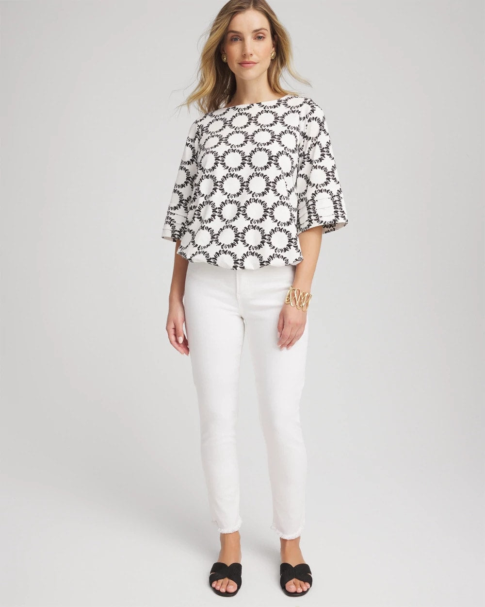 Geo Print Boatneck Bubble-Hem Top
