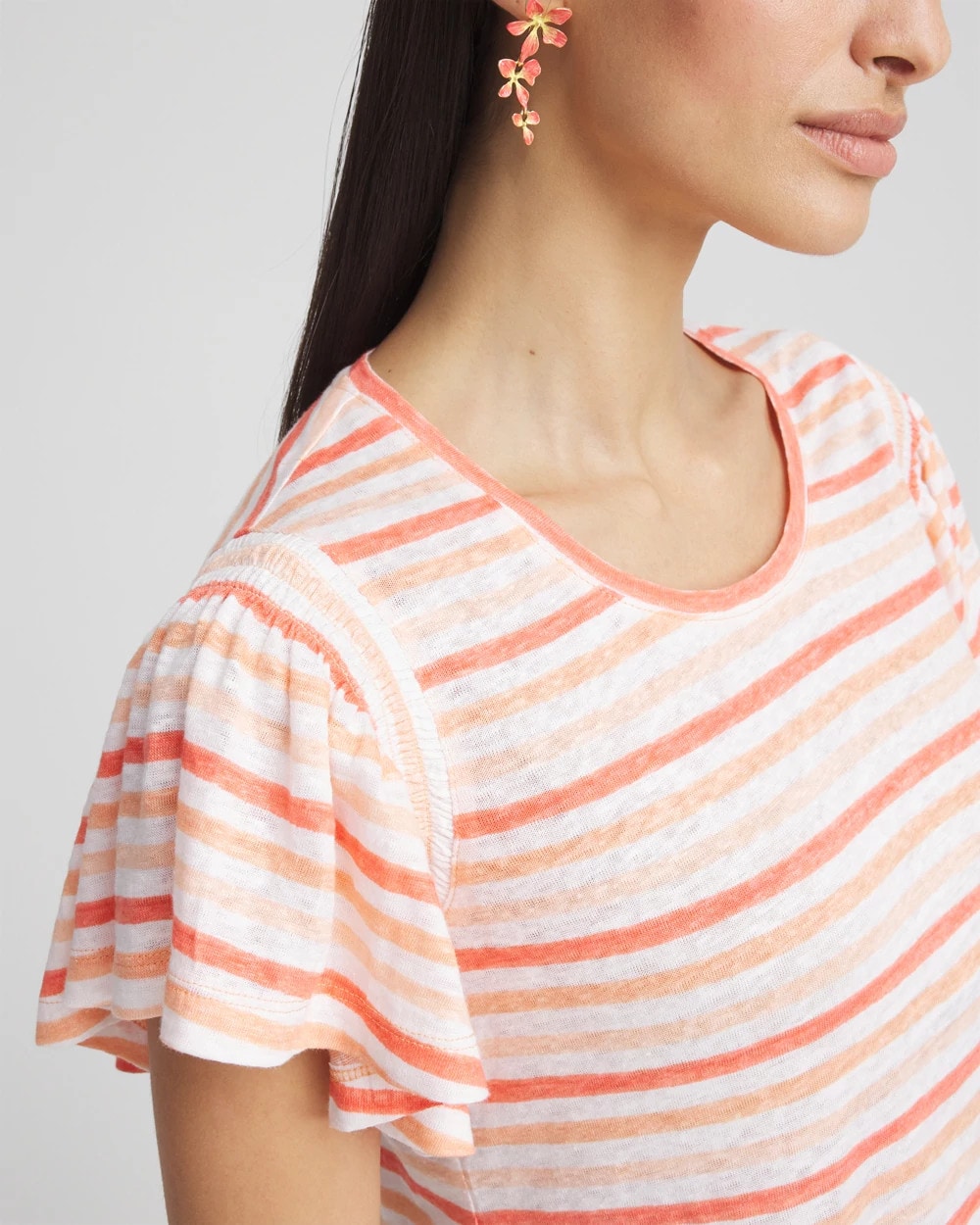 Striped Linen Smocked Flutter-Sleeved Tee