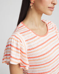 Striped Linen Smocked Flutter-Sleeved Tee