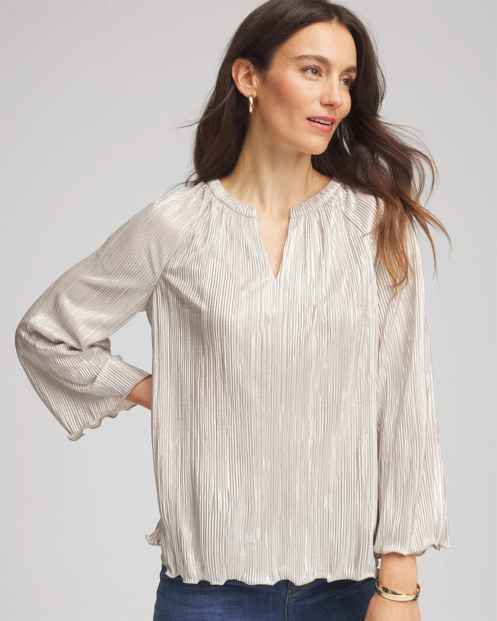 Foiled Pleated V-Neck Tee
