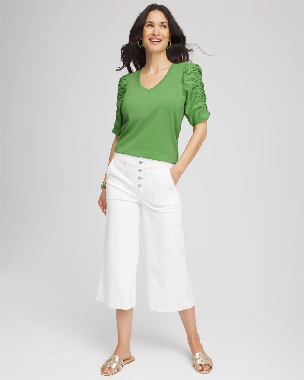 Ruched Sleeve V-Neck Tee