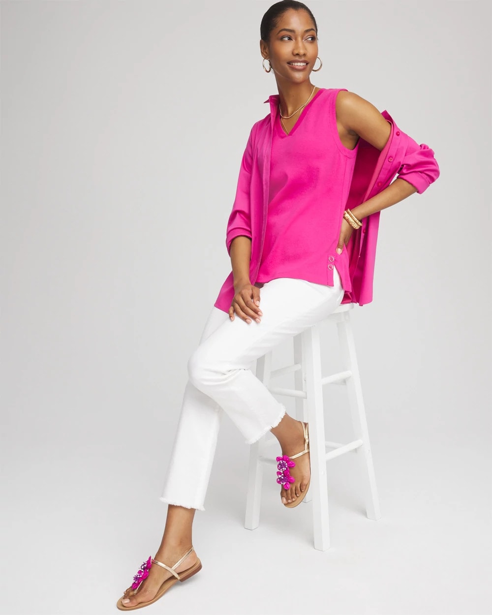 Sleeveless V-Neck Button Tank