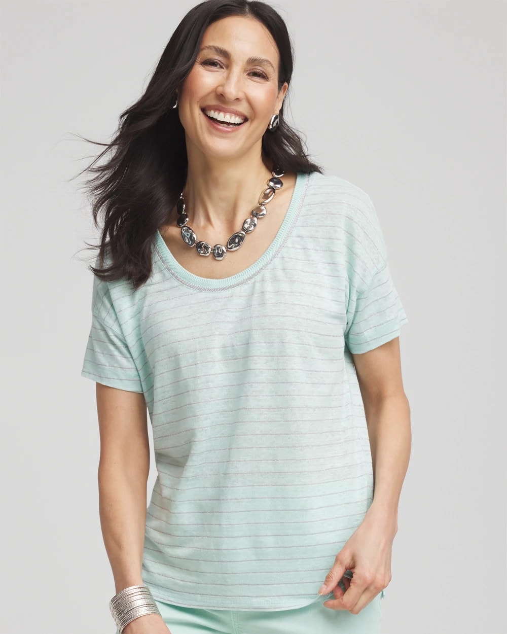 Striped Sweater-Trim Linen Tee