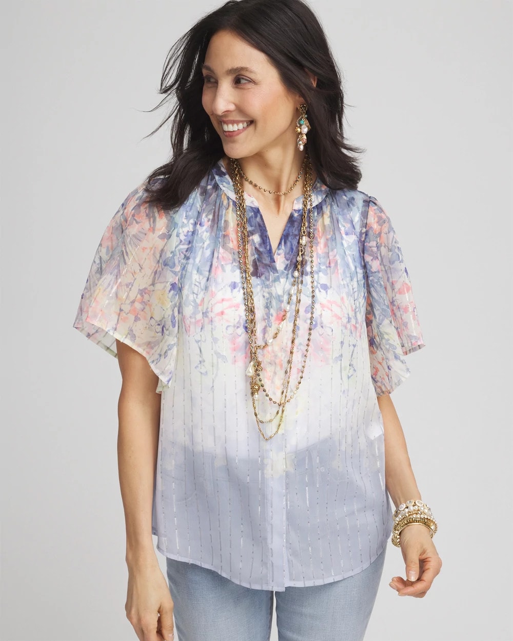 Jacquard Flutter-Sleeve Blouse