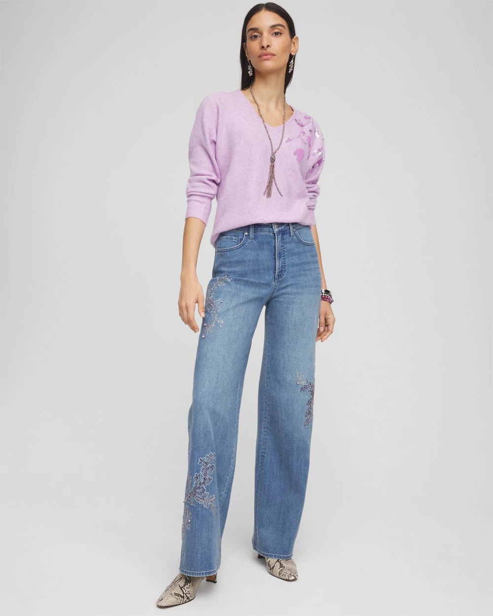 Embellished High Rise Wide Leg Jeans