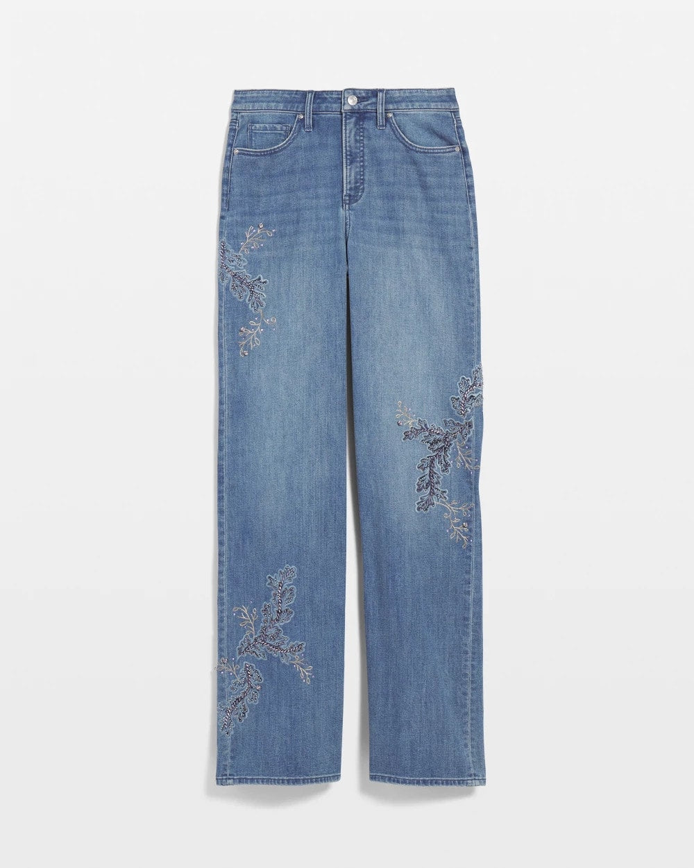 Embellished High Rise Wide Leg Jeans