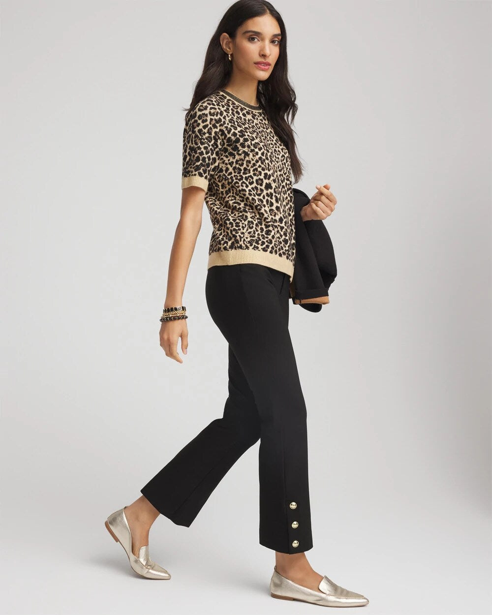 Bi-Stretch Flared Button-Hem Cropped Pants