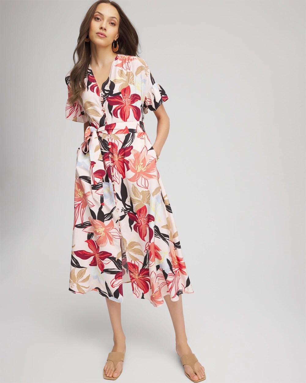 Tonal Floral Ruffle-Sleeved Midi Dress