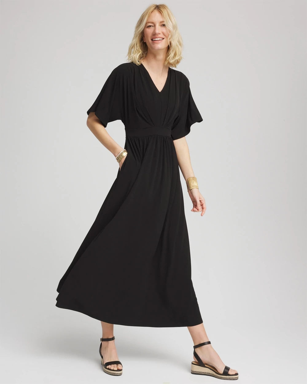 Flutter-Sleeved Jersey Maxi Dress