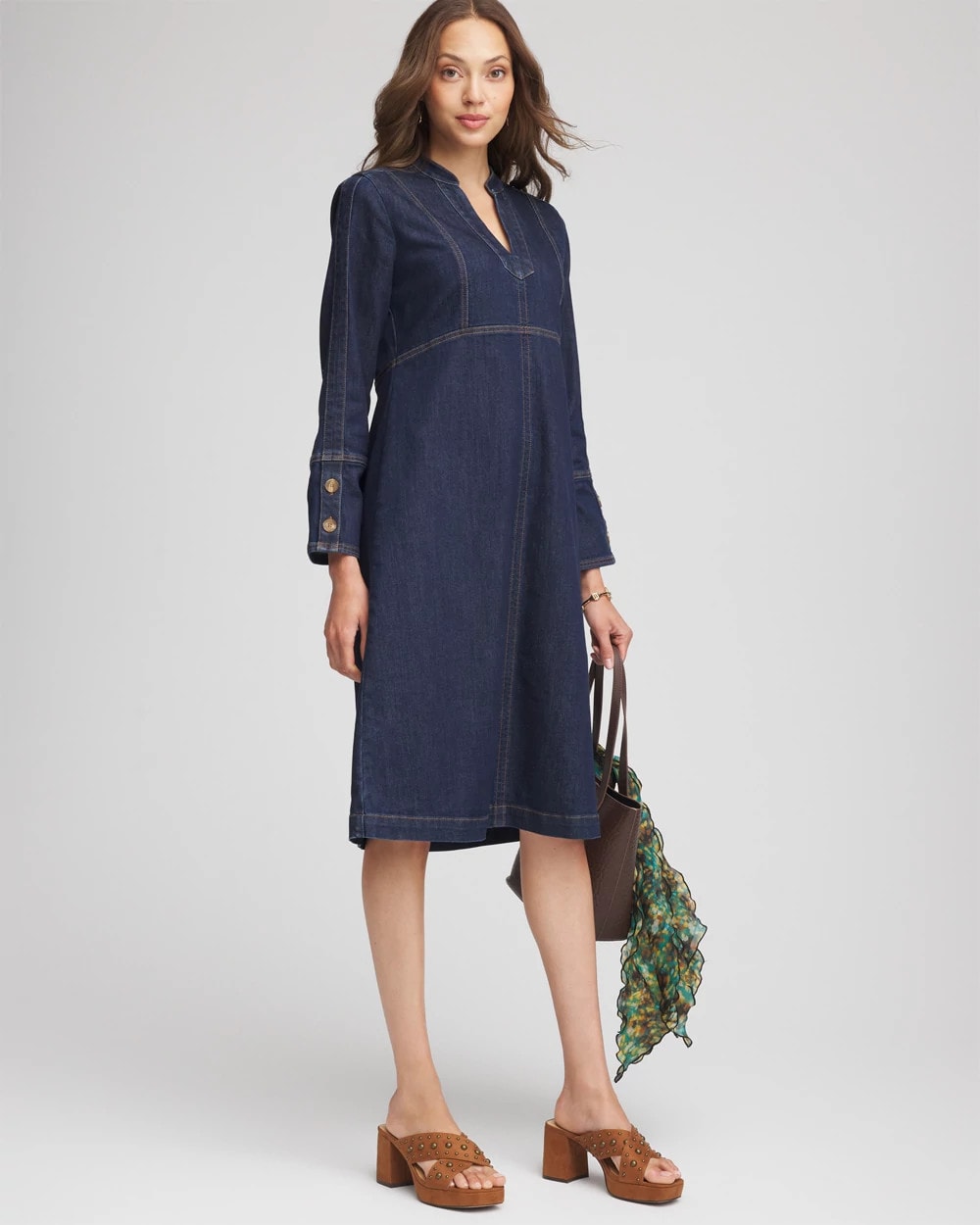 Denim Splitneck Knee-Length Dress