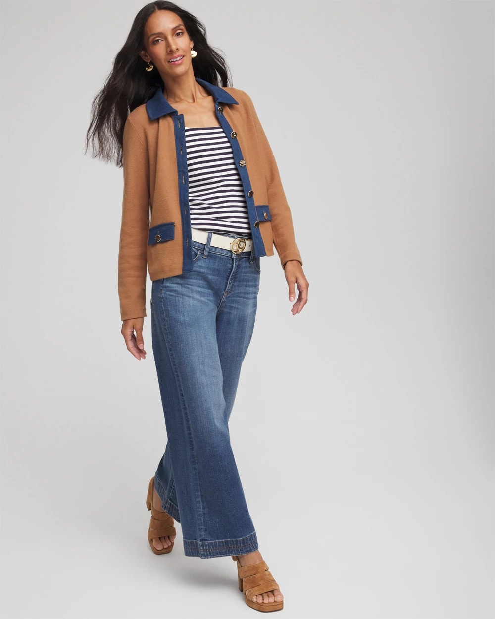 Collared Denim Trim Cardigan
