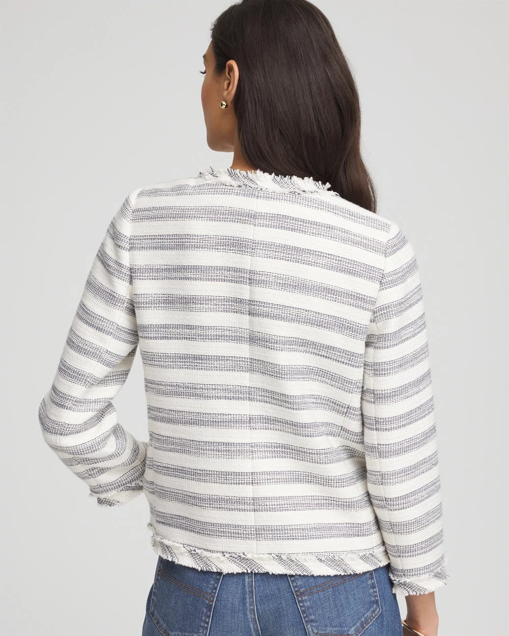 Striped Tweed Collarless Box Jacket