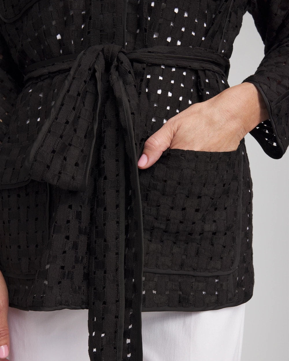 Open-Stitch Tie-Front Kimono Jacket